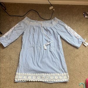 Blue Striped Off-Shoulder Top with Lace Trim